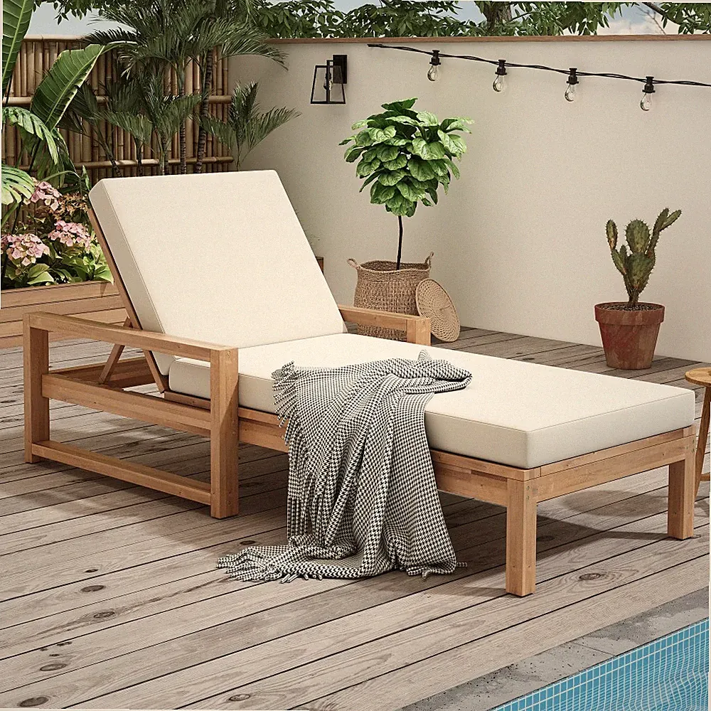 Adjustable Outdoor Lounge Recliner Chair w/Cushion Pool Backyard Deck Lawn Wood