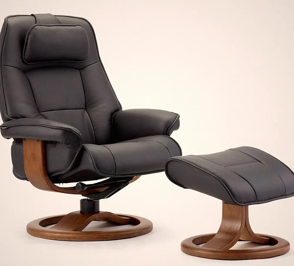 Fjords Admiral Small Recliner Chair and Ottoman Black Soft Leather Teak Wood