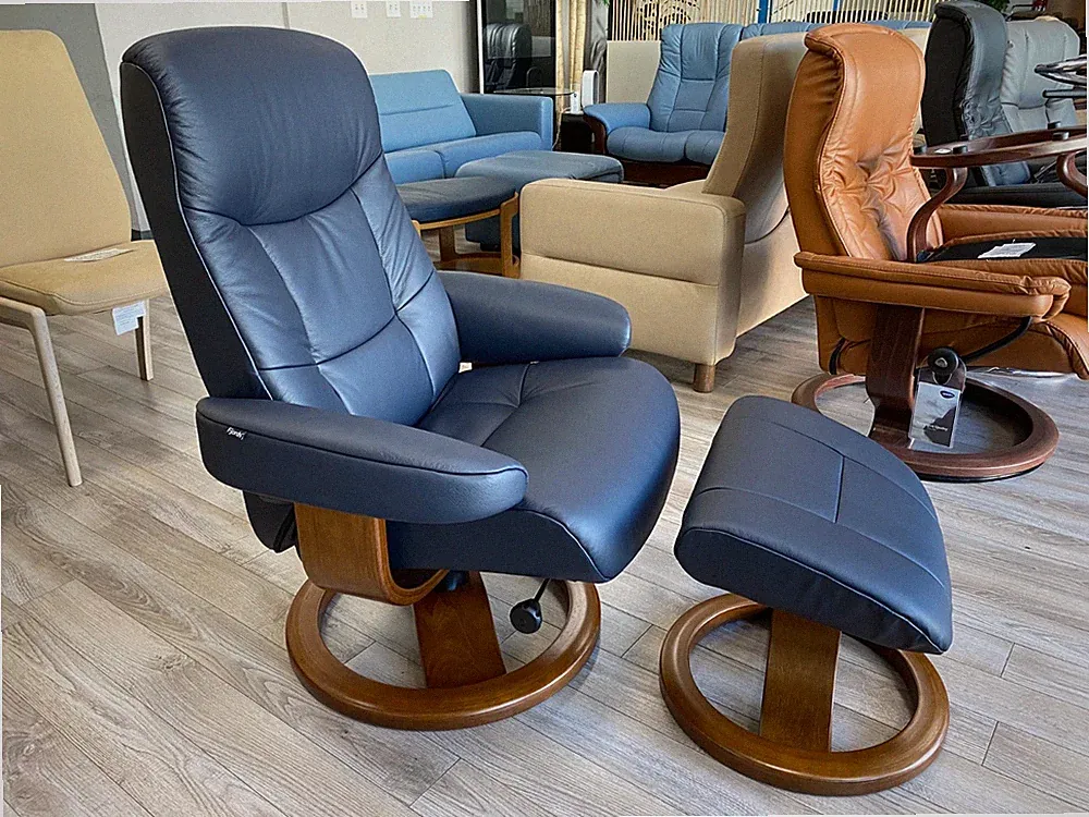 Fjords Muldal Small Recliner Comfort Chair - Blue Leather - Walnut Wood Stain