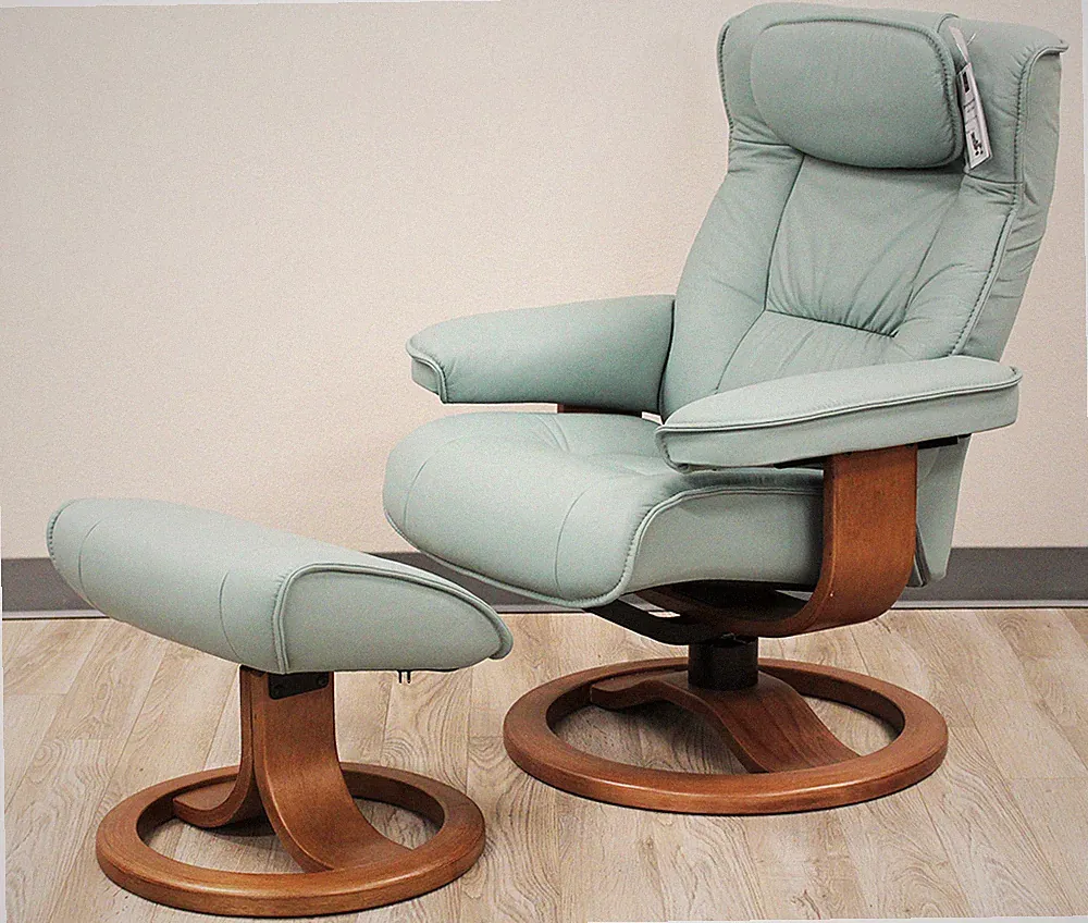 Fjords Regent Small Recliner Chair + Ottoman SL265 Seagreen Leather SL 265 Teak