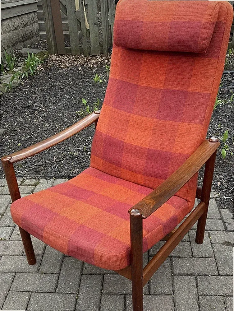 Mid Century Danish Modern High Back Lounge Chair Teak Recliner Orig. Fabric