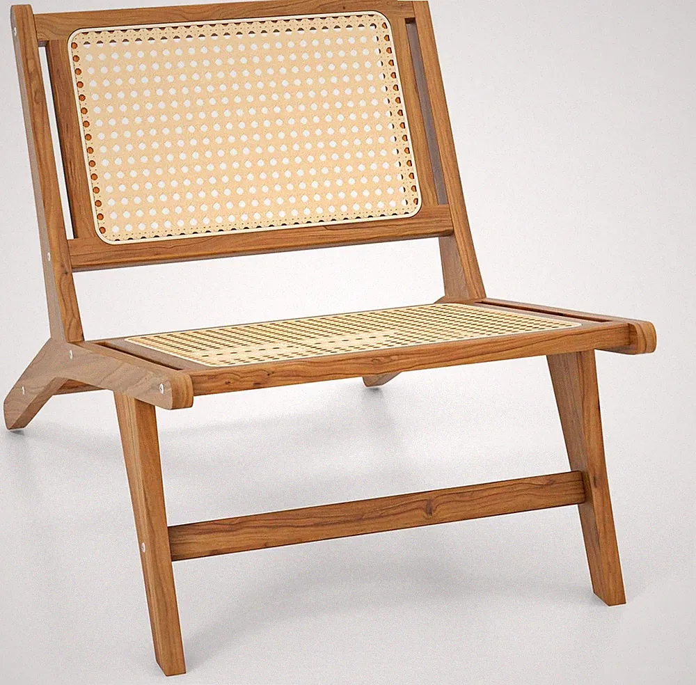 Mid Century Teak Accent Chair with Handwoven Rattan Seat for Indoor Use