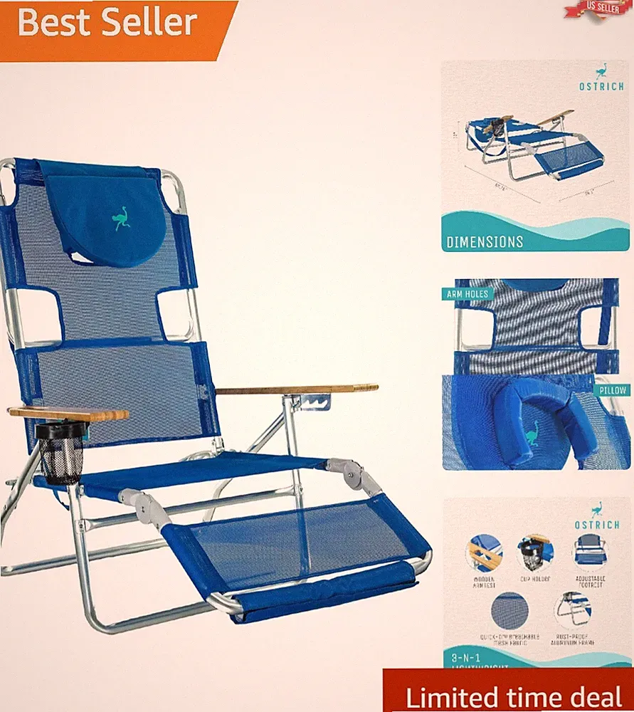 Portable Beach Lounger with Adjustable Positions & Shoulder Straps - Blue