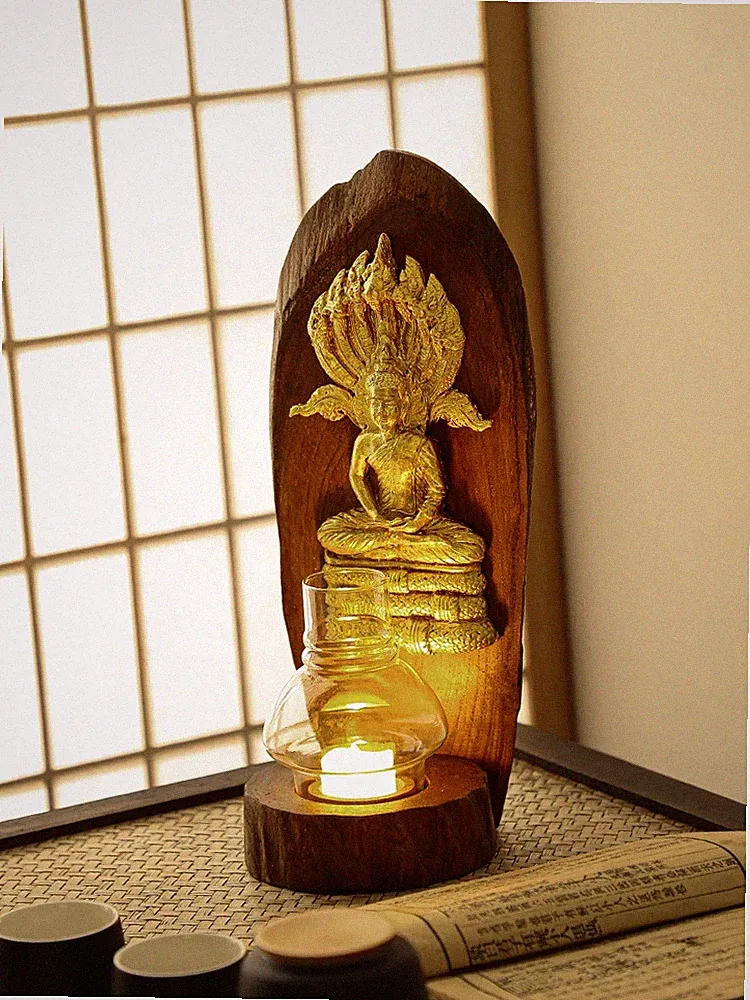 Teak Wood Candle Holder with Birthday Buddha & Glass Dome