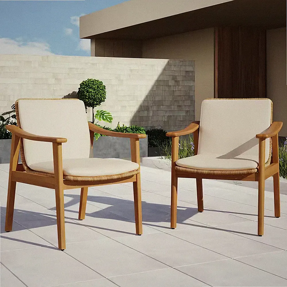 Teak Wood Outdoor Dining Chair with Beige Cushions for Patios, Gardens (2-Pack)