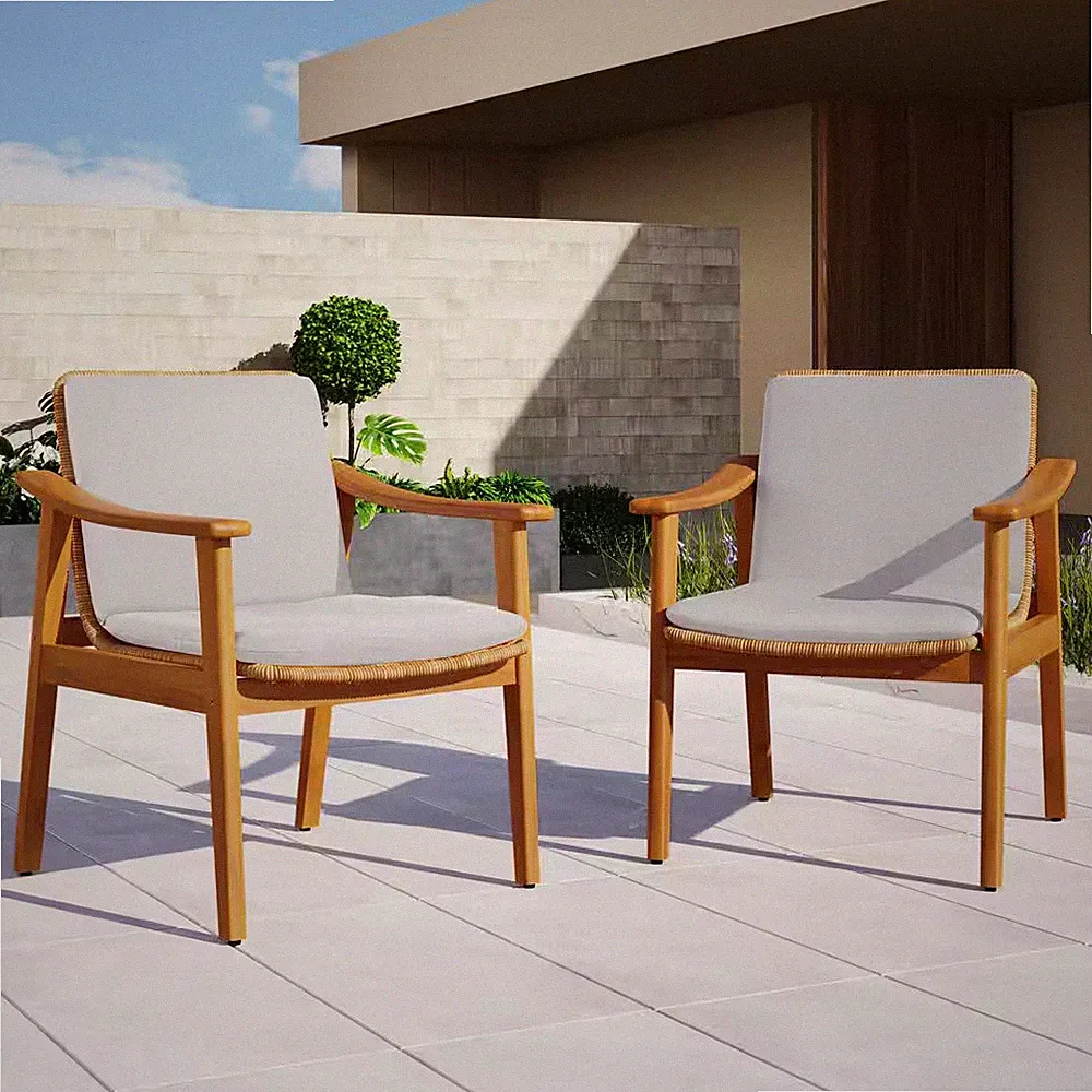 Teak Wood Outdoor Dining Chair with Gray Cushions for Patios, Gardens (2-Pack)