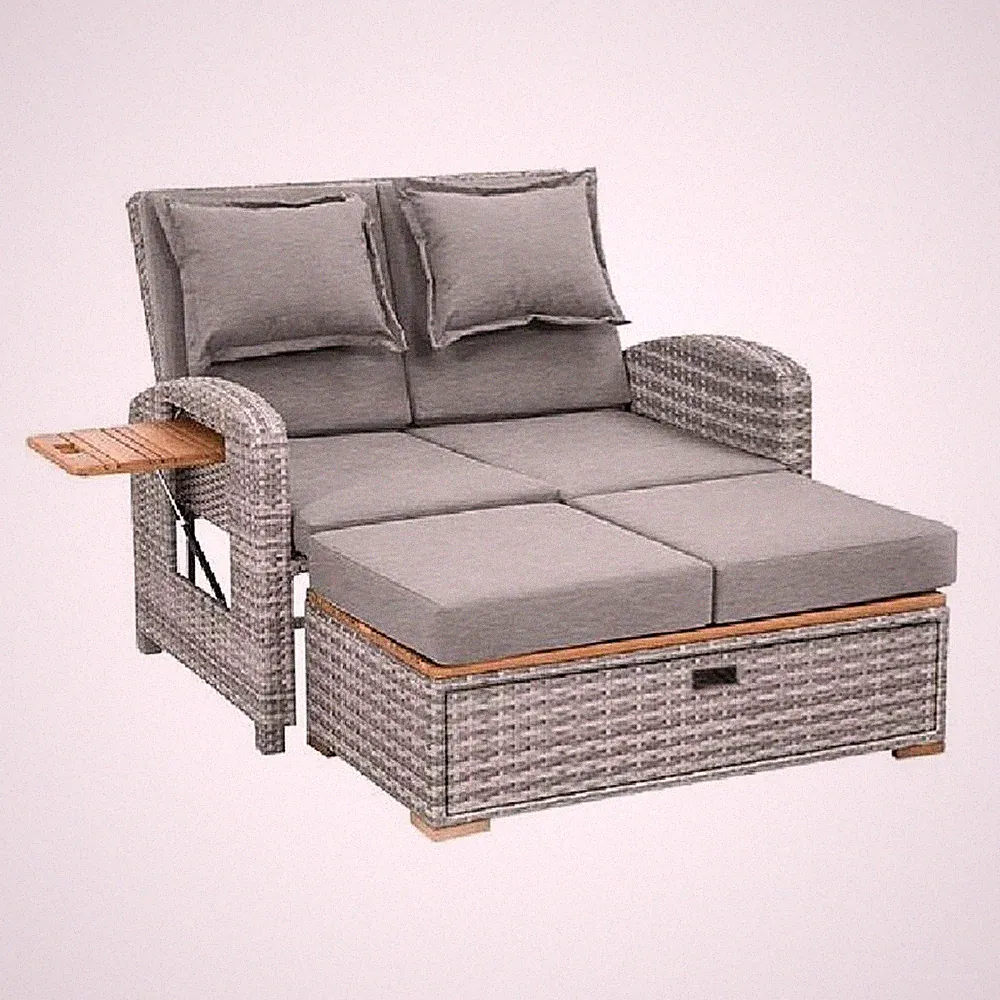 Timy Outdoor Reclining Chaise Lounge Set w Storage Bench-Pillows-Gray