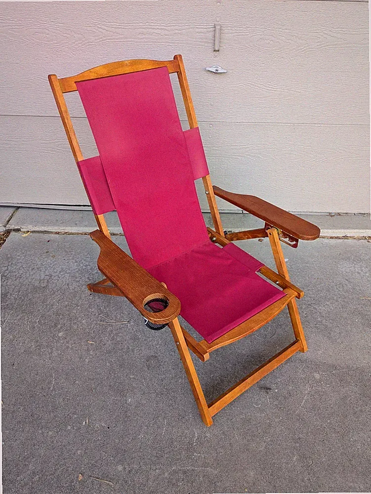 Vintage Teak Wood & Canvas Folding Reclining Outdoor Patio Lounge Arm Chair