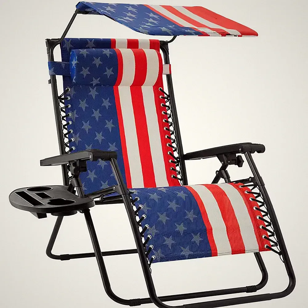 Zero Gravity Folding Reclining American Flag Fabric Outdoor Lawn Chair with Cano